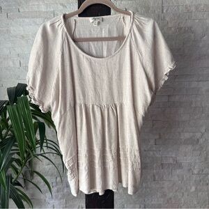 Umgee Cream Tan linen Cotton Summer Casual Ruffle Sleeve Top Size L New